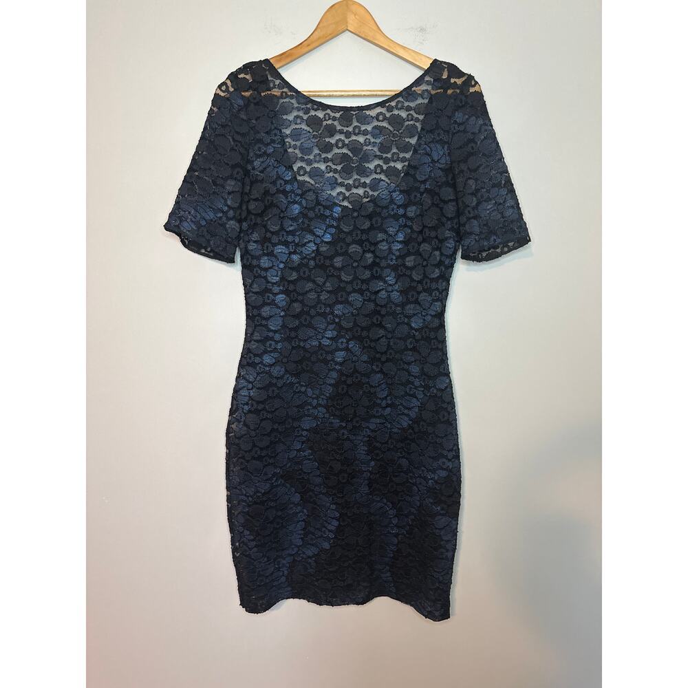 Badgley Mischka Belle Black Blue Lace Short Sleeve Cocktail Dress Size 10